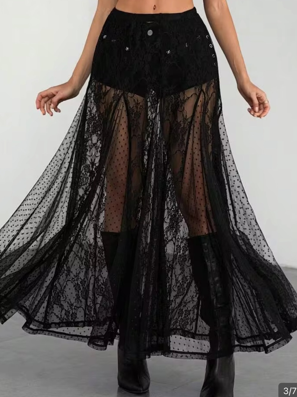 SHEIN Black Lace & Polka Dot Tulle Midi Skirt